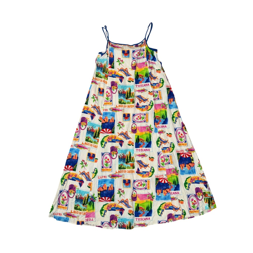 Label of Love Maxi Dress‎ Womens L Multi Color Italian Postcard Print Rayon